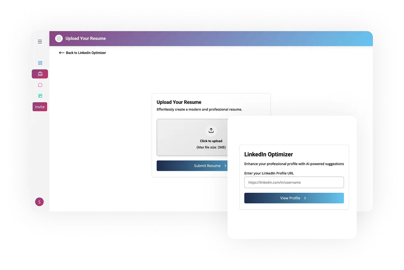 Upload Your Resume interface showing options to submit a resume and enter a LinkedIn profile URL for ORO AI's LinkedIn Profile Optimizer, designed to enhance professional visibility with AI-powered suggestions.